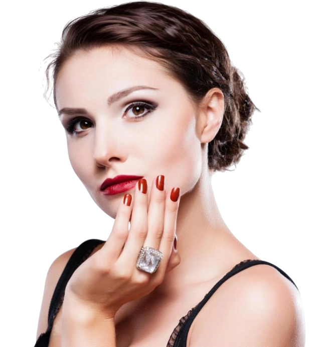 Beautiful young model with red lips red manicure